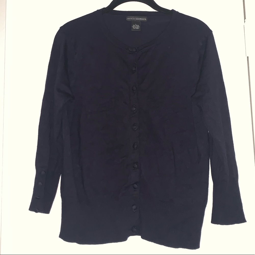 GRACE ELEMENTS Navy Blue Cardigan, Large (also fits Medium), 3/4 sleeves